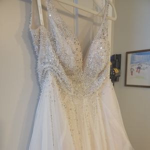 Beaded Bodice Plunging Illusion Wedding Dress. Size 8